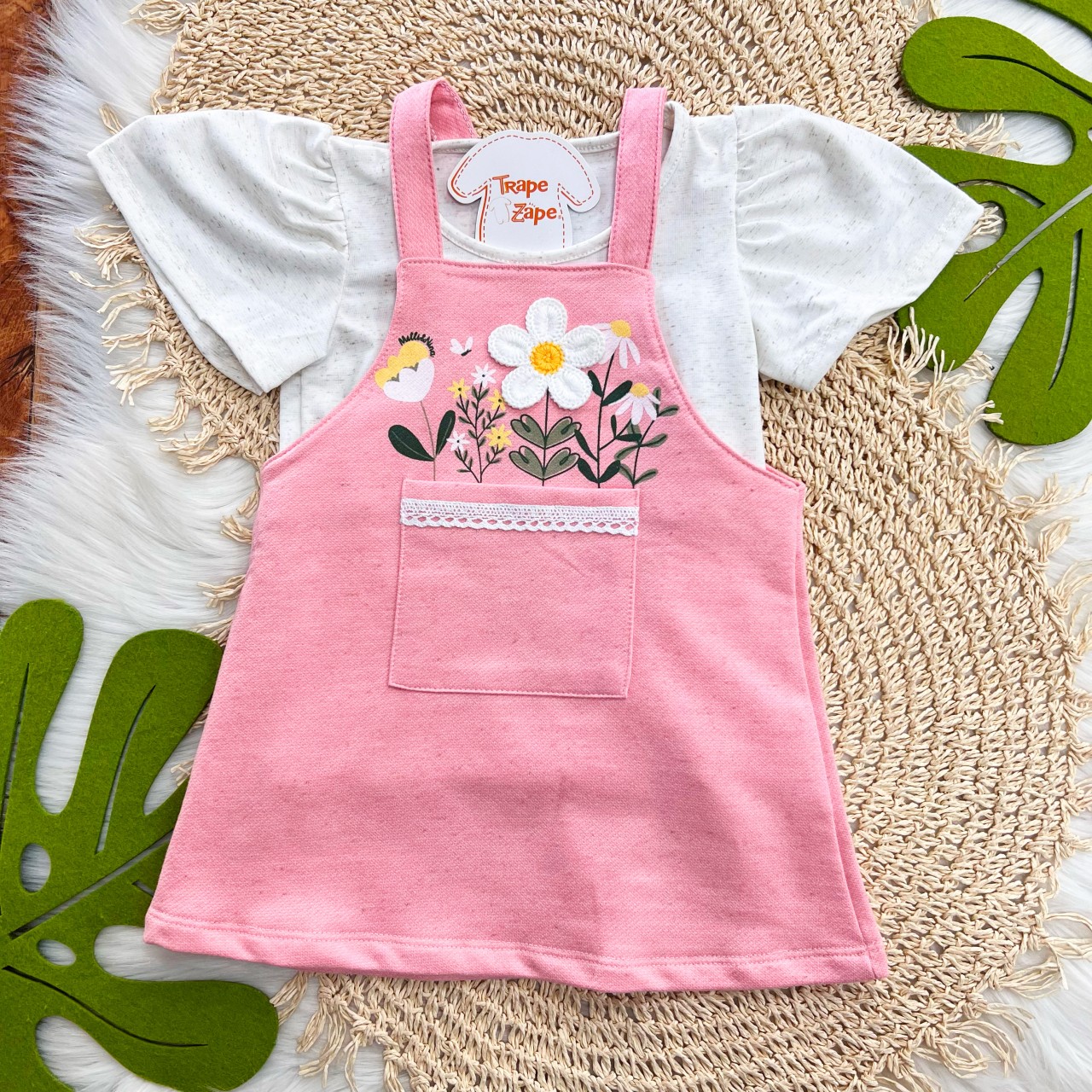 Conj. Blusa em Linho e Salopete com Flores - Rosa e Areia